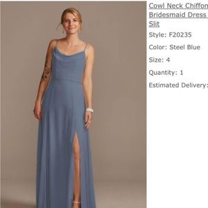 David’s Bridal Cowl Neck Chiffon Steel Blue Maxi Dress